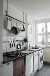 Compact kitchen with hanging pots